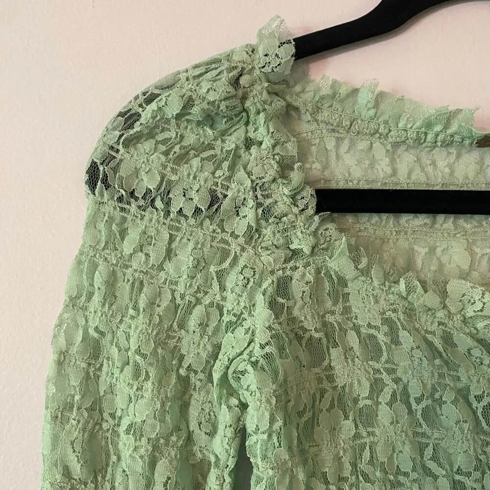 Free People Mint Green Lace Sheer Long Sleeve Cropped Bodice Top Women's size XS